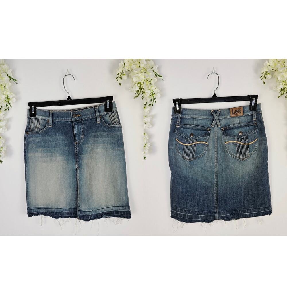 Y2K Lee Denim Skirt Juniors 3 Frayed Hem Button Pockets Stretch Slit Front